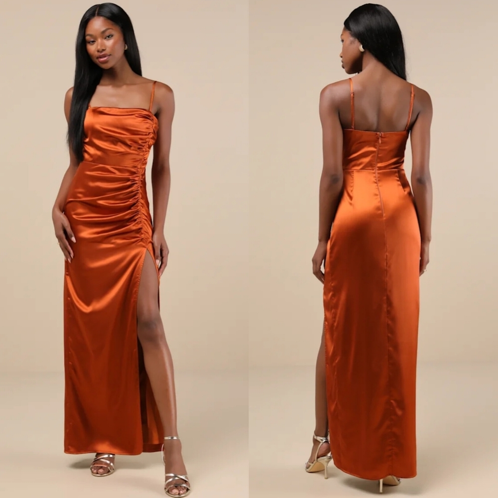Lulus Luxurious Marvel Rust Orange Satin Ruched Column Maxi Dress M Wedding Prom